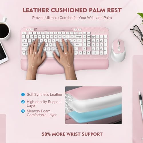 Wireless Keyboard and Mouse Combo, Full-Sized Ergonomic Wave Keys Keyboard with Memory Foam Wrist Rest & Phone Holder, 2.4G Quiet Keyboard Mouse Work Setup for PC Laptop, Office or Home (Pink)