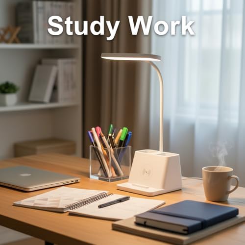 Dual Pen-Holder LED Desk Lamp — USB Charging, Eye-Care Soft Light, 3-Color Touch Dimming & 360° Flexible Neck | Desk Lamp for Study, Office & Bedside (S Plug-in)