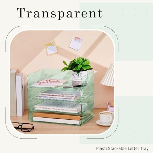 Harloon 4 Tier Clear Sage Green Acrylic Paper Organizer Letter Tray, Aesthetic Stackable Desk File Organizer Paper Holder Office Tray for A4, Modern Office Classroom Home File Pad Books Notes