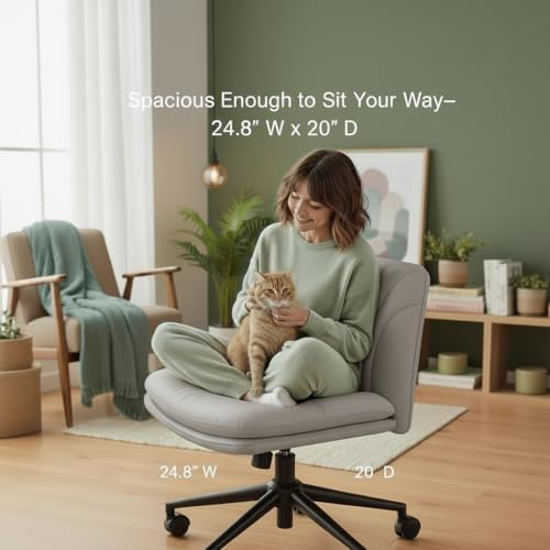 Marsail Criss Cross Office Chair with Wheels, Armless Wide Desk Chair for Active Sitting, PU Leather Cross Legged Chair for Home Office, Pet-Friendly & Easy Clean, Grey
