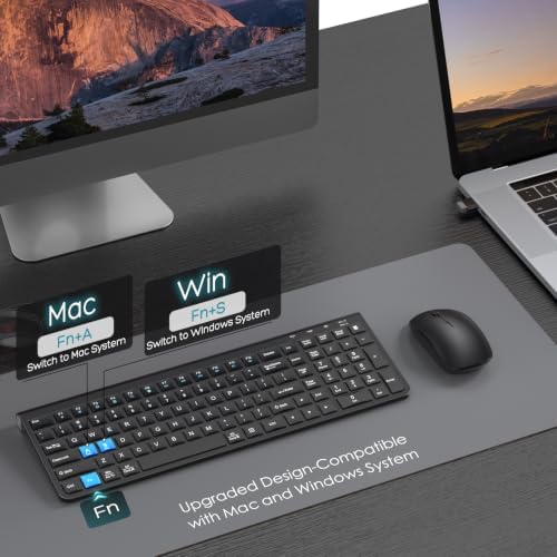 JOYACCESS Wireless Keyboard Mouse Combo, Ergonomic Wireless Keyboard with Adjustable Stand, Type-C Connector,and Waterproof Film Compatible with Win 7/8/10, MacBook Pro/Air, Laptop - Black