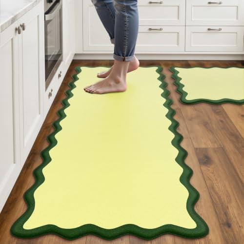 Arenarug Scalloped Kitchen Mats for Floor, Green Kitchen Rugs Set of 2