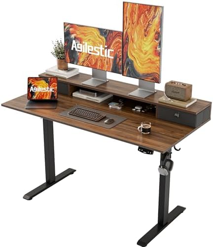 Agilestic 48 x 24 Inches Electric Standing Desk with 2 Storage Drawers, Adjustable Height Sit and Stand Computer Table with Splice Board, Dark Walnut