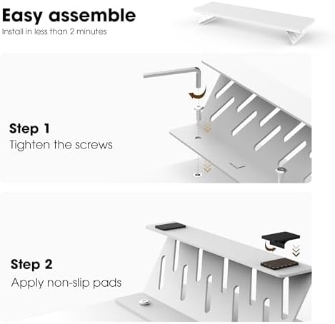 Fenge Monitor Stand Riser, Wooden & Metal Desk Shelf Organizer, White