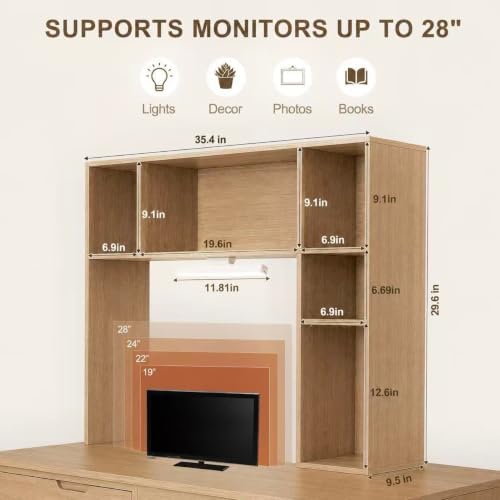 3 Tier Desktop Bookshelf with Rechargeable Eye-Friendly LED Desk Light, Desk Hutch Organizer with 5 Shelves, Wooden Desk Bookshelf for Office, Dorm and Small Space, Burlywood