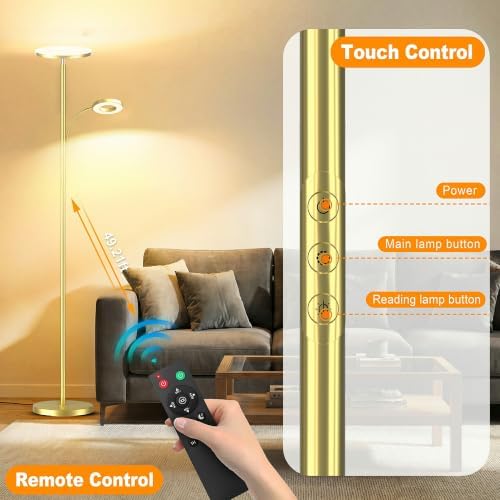 marctronic Polished Gold Floor Lamp, 42W 4000LM Premium Brightness, Luxury Decor Finish & Smart Plug Compatible, Touch Control Dimmable Reading Lamp for Living Room