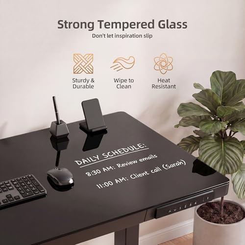 INNOVAR 35" Small Glass Standing Desk with Drawers & USB Ports, Whole-Piece Glass Top Adjustable Height Desks, Quick-Install Electric Sit-Stand Up Desk for Home Office & Computer Workstation, Black