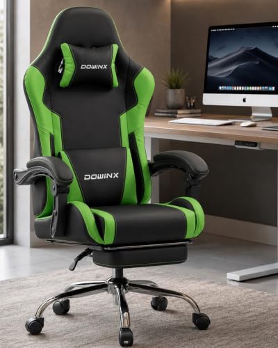 Dowinx Ergonomic Gaming Chair with Footrest & Massage Lumbar, 2D-Linkage Armrests for Computer Chair 330lbs with Headrest Pillow for Office, Home, Streaming and Long Gaming Sessions, Green