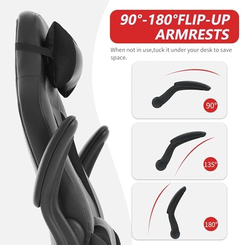 Massage Gaming Chair, PU Leather Gaming Chairs for Adults, Comfy Office Chair Ergonomic Desk Chair Computer Chair with Flip Up Arms, Swivel Reclining Gamer Chair, Height & Backrest Adjustable, Black