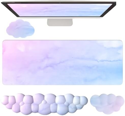 Cloud Mouse Pad and Keyboard Wrist Rest 4PCS Extended Large Desk Mat Pad Set Memory Foam Non-Slip Ergonomic Gaming Mouse Pad Wrist Support for Computer Laptop Home Office Cute Pink Blue Sky