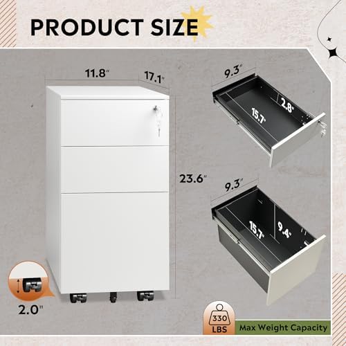 DEVAISE 3 Drawer Slim File Cabinet with Lock, Fully Assembled