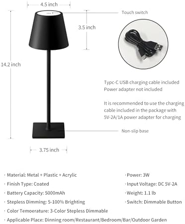 KDG 2 Pack Cordless Black Table Lamps, Rechargeable Portable LED Desk Lamps