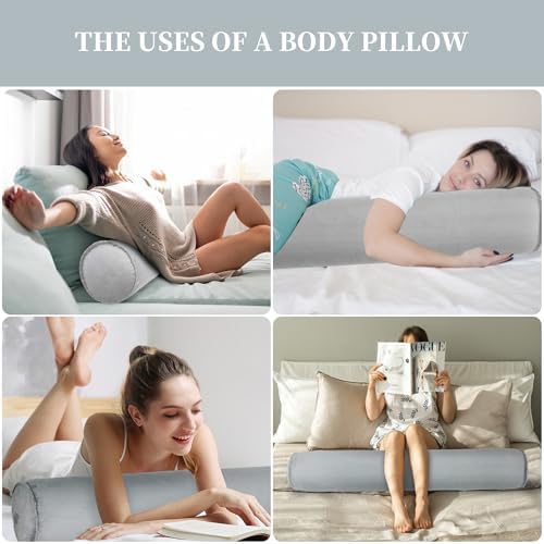 ONTYZZ Inflatable Long Body Pillow, Long Pillow for Bed, Oval Bolster Pillow for Good Sleeping and Back/Neck Support, 2pcs Grey