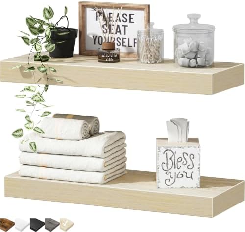 QEEIG Bathroom Floating Shelves for Wall (Natural, Set of 2, 15.7")
