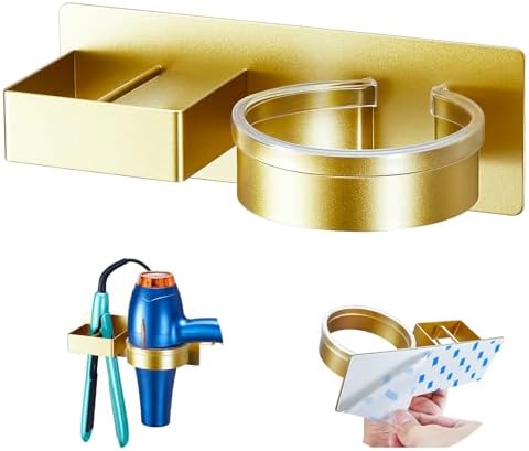 Hair Dryer Holder Wall Mounted, Hair Straightener Holder, Blow Dryer Holder Adhesive, Hair Tool Organizer for Flat Iron, Hairdryer, Curling Iron Holder for Bathroom Vanity Barber Shop (Gold)