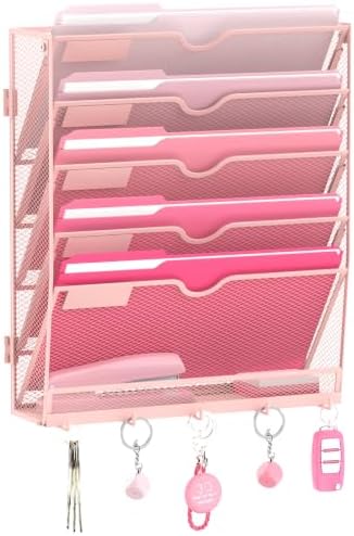 6 Tier Wall File Organizer - Hanging File Organizer with 5 Hooks, Mail Holder Wall Mounted for Papers, Folders, Magazines, Bills, Office&School Organization, Pink