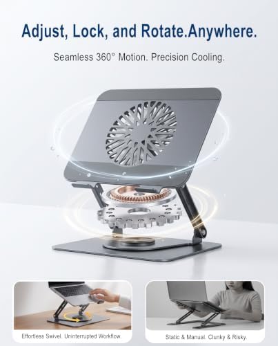 Laptop Stand with Cooling Fan, 360° Rotating Base, Adjustable Height & Angle, Ergonomic Computer Riser with Non-Slip Silicone Pads