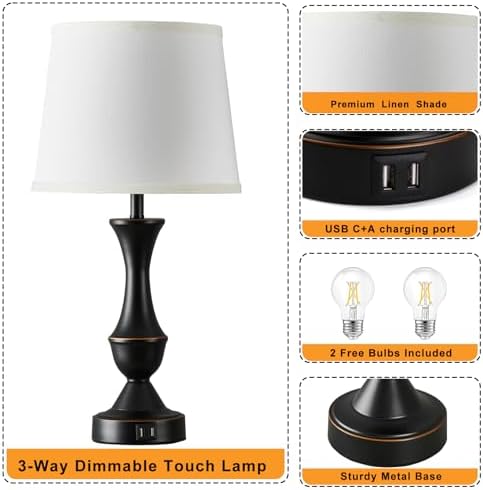 Touch Table Lamps Set of 2, 22" Tall Bedside Lamps with USB C+A Ports