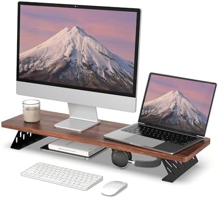 Fenge Monitor Stand Riser, Wooden & Metal Desk Shelf Organizer, Brown