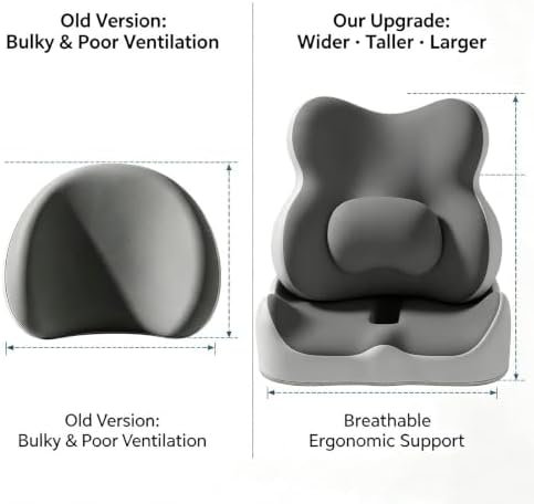 Upgraded Large Ergonomic Memory Foam Seat & Lumbar Cushion Set, 2‑Piece Support Chair Pad, Tailbone Pressure Relief for Office Desk Home Chair, Washable Cover(Gray)