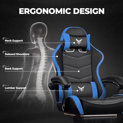 GTPLAYER Gaming Chair for Adults, Big and Tall 300LBS Heavy Duty Office Chair with Footrest, Ergonomic High Back Lumbar Support and Wide Comfy Cushion with Linkage Armrests for Home Office, Blue