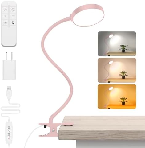 iFalarila Reading Light with Remote, LED Desk Lamp Clip on [1H Timer & Nightlight] RA>95 Dimmable Flexible Gooseneck, Reading Lamp with Clamp for Table - 3.5'' (Adapter Included)