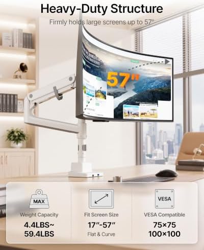 monTEK Ultrawide Monitor Arm Max 57",Height Adjustable 25.5",with USB，White