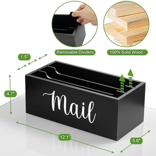 DRASTAR Mail Organizer Countertop, Wooden Mail Holder with 3 Slots, Desktop Mail Organizer, Black Mail Sorter for Home Office Accessories