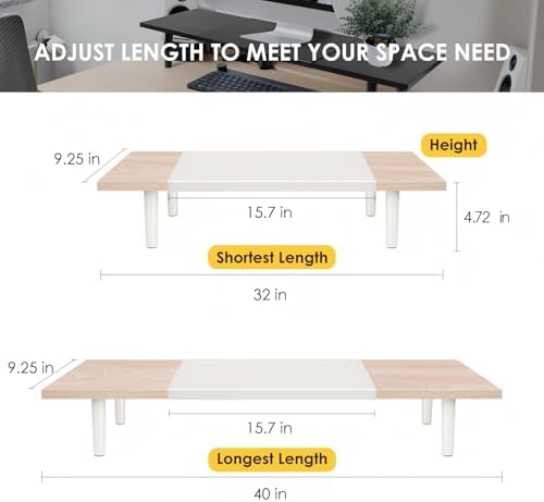 Across-Star Dual-Monitor-Stand-Riser-For-Desk Adjustable Length 32-40 Inch，Large Desktop Computer Monitor Riser For 2 Screens，Desk Shelf Organizer Riser Stand For Computer/Laptop/PC/Printer/TV Black