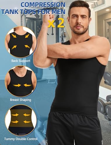 2 Pack Compression Shirt Tummy Control Undershirts Vest Workout Shapewear Sleeveless Posture Corrector for Men