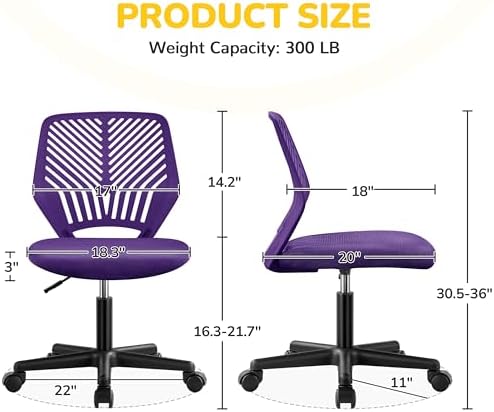 Yaheetech Small Desk Chair, Armless Adjustable Swivel Seat, Purple