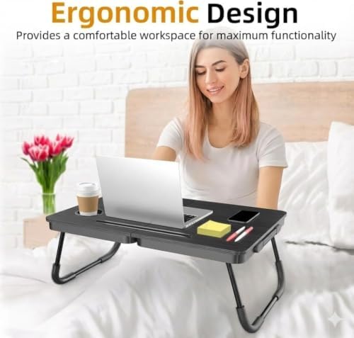 BUYIFY 23.4" Foldable Lap Desk Bed Table with Cup Holder Tray Charcoal