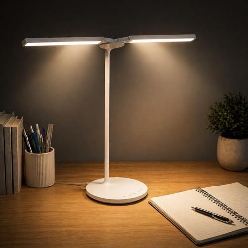 LED Desk Lamp for Home Office, Ultra Wide Double Head Desk Lamp with 67 Inch Coverage, 2400 Lux Bright Task Lighting, 5 Color Modes, Adjustable Brightness, Reading Lamp for Work and Study