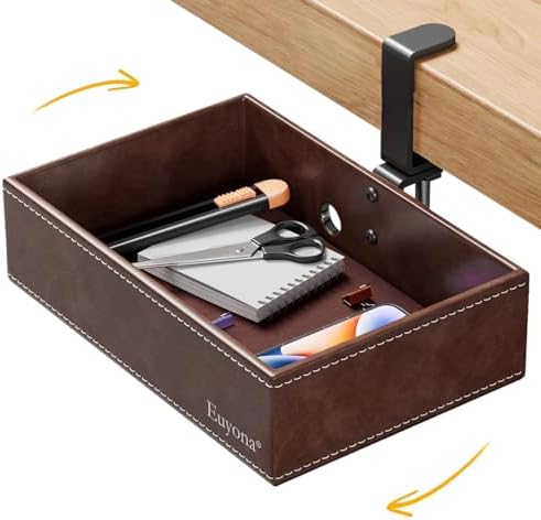 Under Desk Drawer, Clamp on Desk Organizer Hanging Desk Storage PU Leather