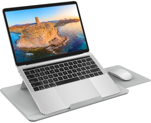AboveTEK Adjustable Laptop Lap Desk, 3 Ergonomic Angles, PU Leather Non-Slip Surface, Heat Shield, Retractable Mouse Pad, Portable Laptop Lap pad for Bed, Sofa, Travel (Light Gray)
