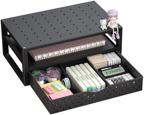 WALI Desk Organizer with Drawer，Computer Monitor Stand with Storage, Desk Organizers and Accessories for Computer, Printer, Laptop Riser for Home Office Supplies, (PTT005-B), 1 Pack, Black