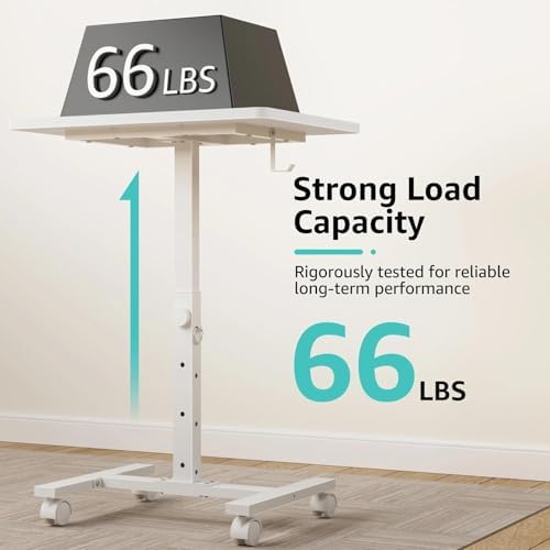 WINAZ Small Portable Rolling Desk Adjustable Height, 24 Inch Mobile Laptop Desk with Wheels for Dorm Room, C-Shaped Table for Sofa and Bed Side, Study Table for Students, White