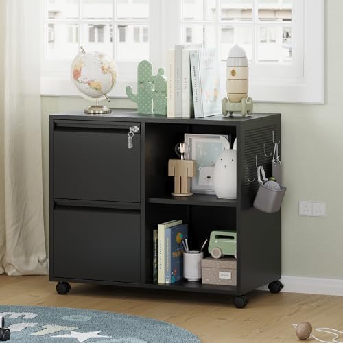 Letaya Mobile File Cabinet, Metal Lateral Rolling Printer Stand Filing Cabinets with Shelves for Home Office-Storage A4/F4 (Black)