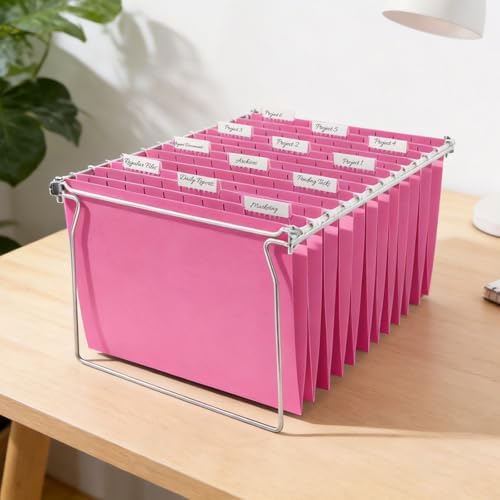 SUNEE Hanging File Folders, 25 Pack Letter Size Hanging File Folders with 1/5-Cut Tabs, Ideal for Home and Office Organization and Papers Classification, Bright Neon Pink