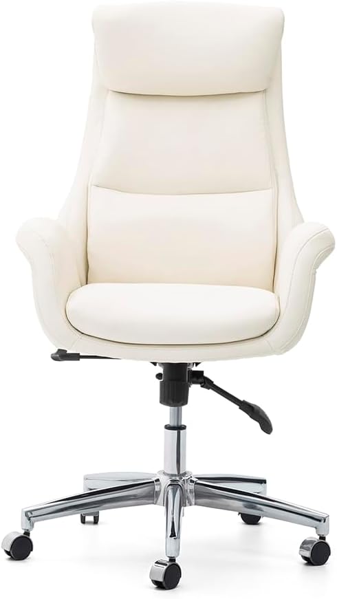 Glitzhome Home High-Back Office Chair Leather Adjustable Swivel Desk Chair with Arms, Cream