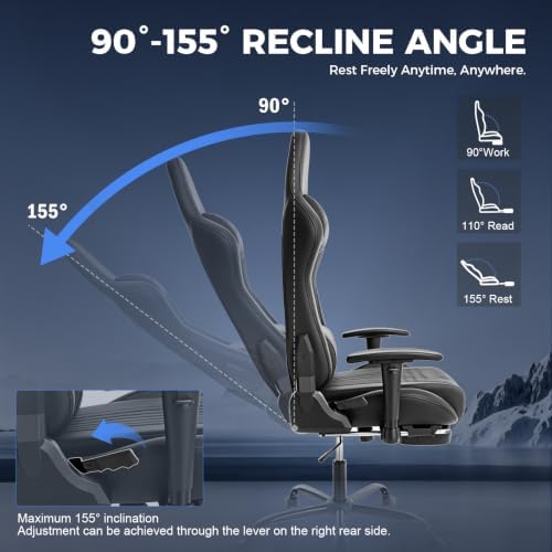 LUCKRACER Gaming Chair with Footrest, 90°-155° Reclining Ergonomic Computer Chair with 3D Armrests, Headrest and Lumbar Pillow, 360° Swivel, SGS-Tested Gas Lift, 330 lbs Capacity, Black