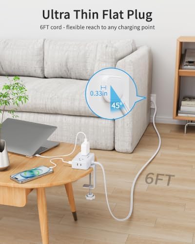 Desk Clamp Power Strip with 4 Outlets & 4USB, 6FT Extension Cord for Home