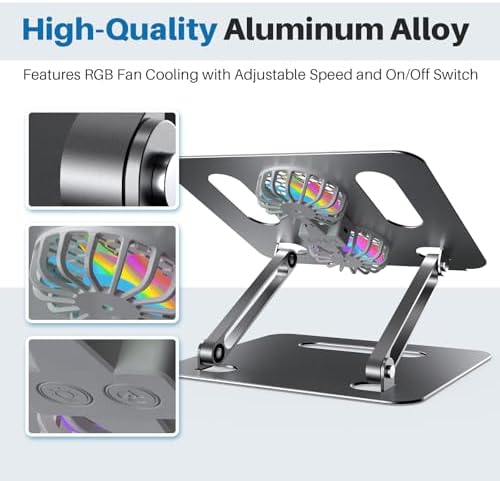YICOSUN Adjustable Laptop Cooling Stand with 2 Quiet Fans & RGB Lighting, Aluminum Alloy & Foldable Ergonomic Design for MacBook, Lenovo, ASUS, Dell 10-16 Inch, Perfect for Gaming, DJ, Office - Gray