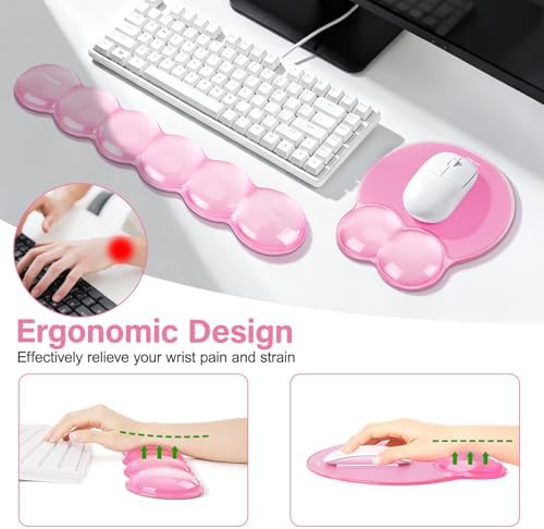 MOSISO Ergonomic Transparent Cooling Gel Wrist Rest&Mouse Pad Set, Pink