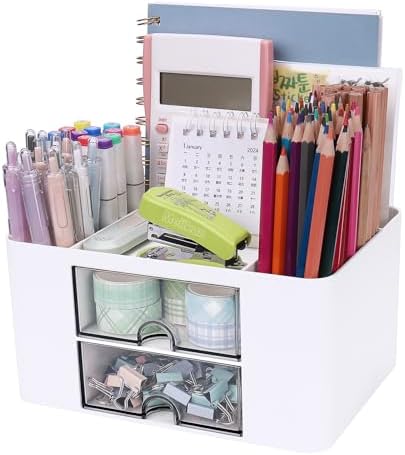 Meiikun Plastic Pen Organizer, Multifunctional Desk Organizer with 2 Drawers, 4 Compartments & a Top Tray, Pencil Holder Desktop Organizers and Accessories for Office, 7.7" x 5.5" x 3.9" (White)