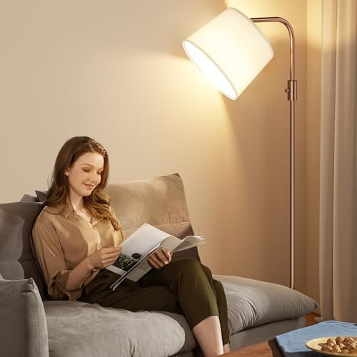 Ambimall Fully Dimmable Floor Lamp with 9W LED Bulb - Standing Lamp for Living Room with Adjustable Head, Modern Tall Light with Rotary Switch for Office, Brown and White