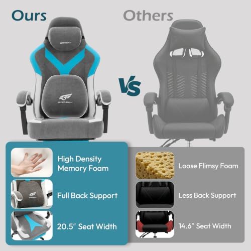 Ergonomic Gaming Chair for Adults - Comfortable Office Computer Chair with 20.5” Wide Seat, Adjustable Video Game Chair with Footrest and Lumbar Support for Home Office, Grey Blue