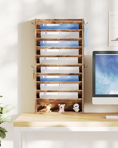CHOEZON Wall File Organizer, 10-Tier Hanging Mail Organizer, Wall Mount File Holder with 4 Side Hooks, Mail and Storage Organizer, Wooden Vertical Hanging Holder for Office, Rustic Brown MWJ03FG