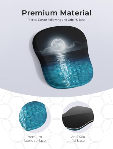Blue Ocean and Moon Aesthetic Ergonomic Mouse Pad for Carpal Tunnel Pain Relief, 65% Usable Mouse Area, Memory Foam Concave Wrist Rest for Office, PC, Gaming