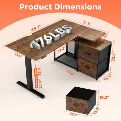 55″ Electric Standing Desk with Drawers, L-Shaped Vintage Brown Adjustable Height Corner Gaming Computer Desk for Home Office, Memory Preset, Stable Steel Frame, Power Outlet & USB-C Port